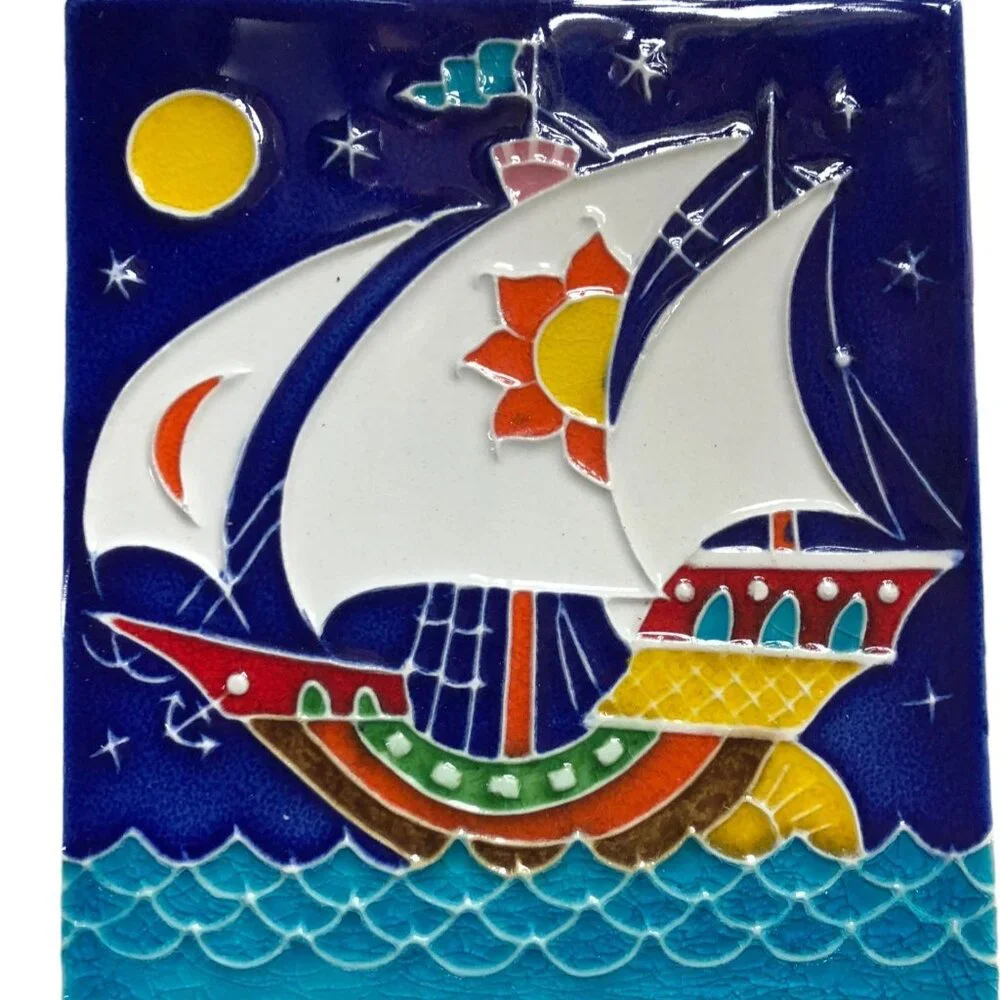 Vintage Luciano Saken Creazioni Italy Ceramic Key Holder Wall Tile Sailing Ship